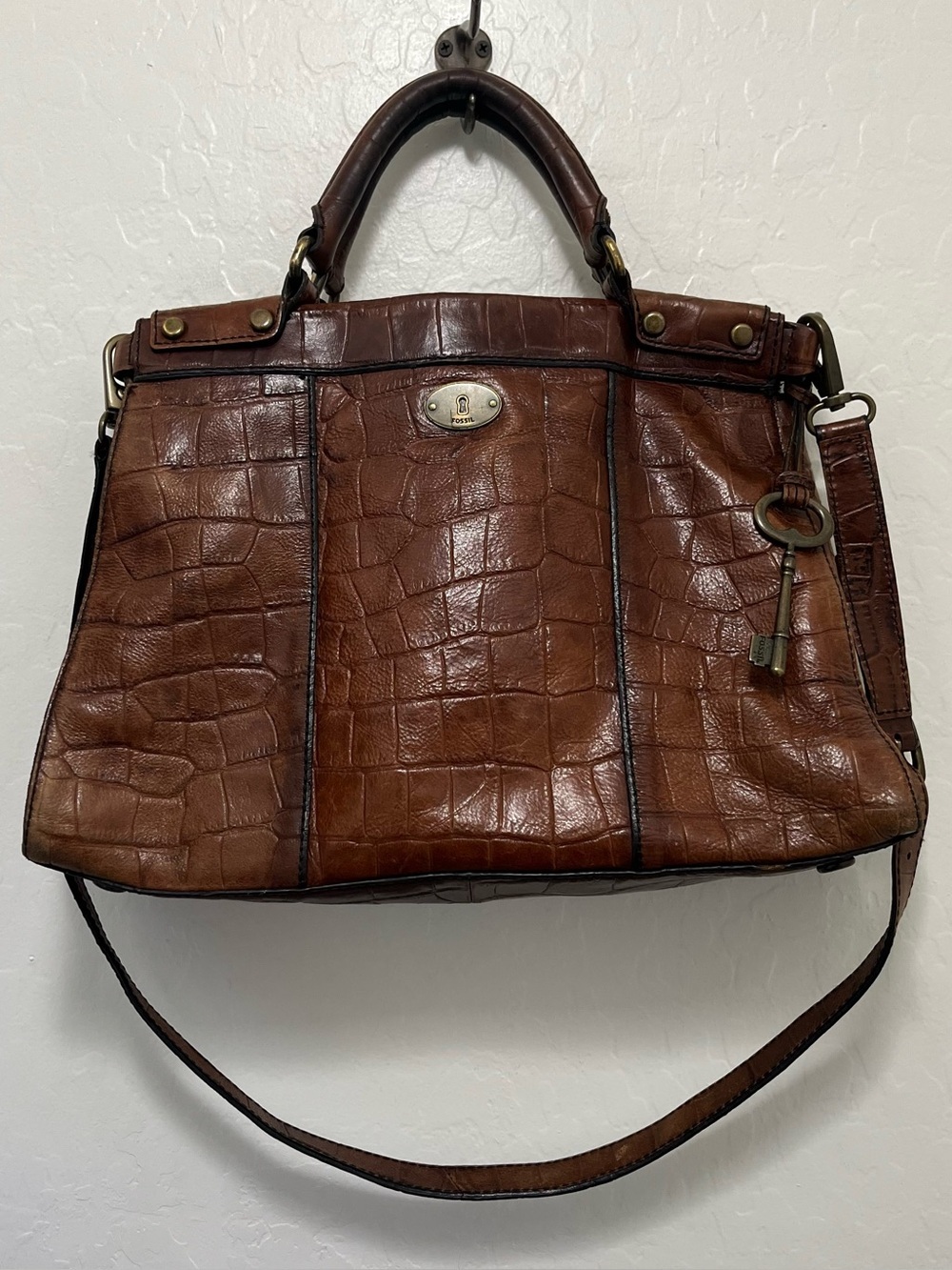 Vintage Fossil Brown Croc Embossed Leather Satchel Top Handle Purse